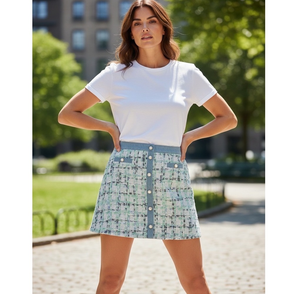 Nanette Lepore Blue Multi Tweed Mini Skirt Preppy Academic Coastal Grandmother